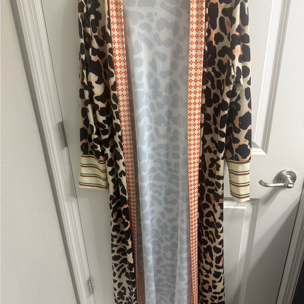 Leopard Print Long Duster Kimono - Cream & Brown